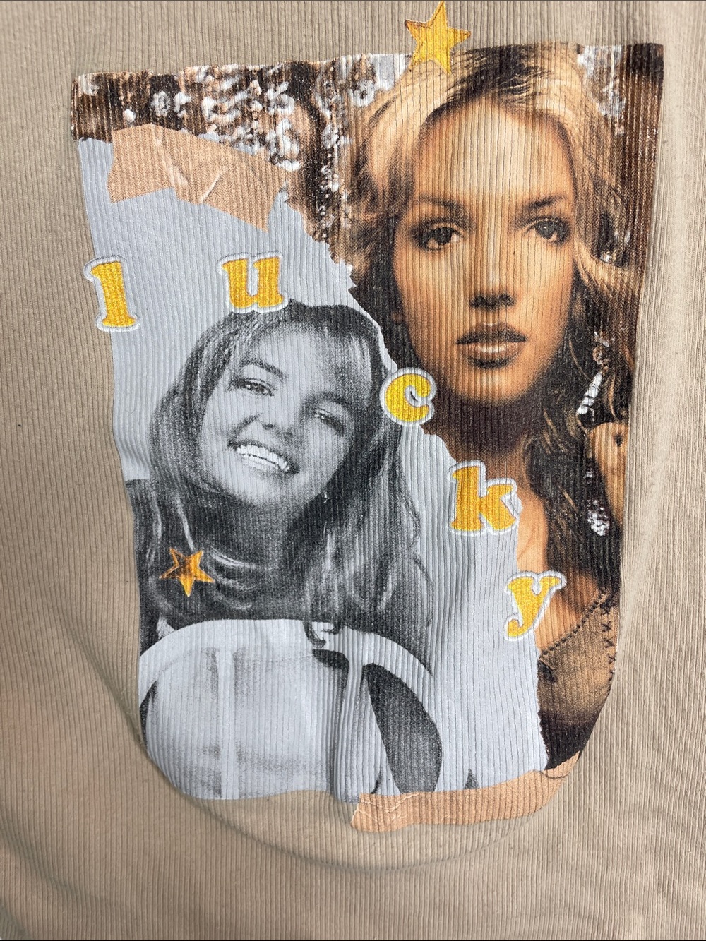 Graphic Britney Spears  Ribbed Tank with 'Lucky' Photo Print - Beige